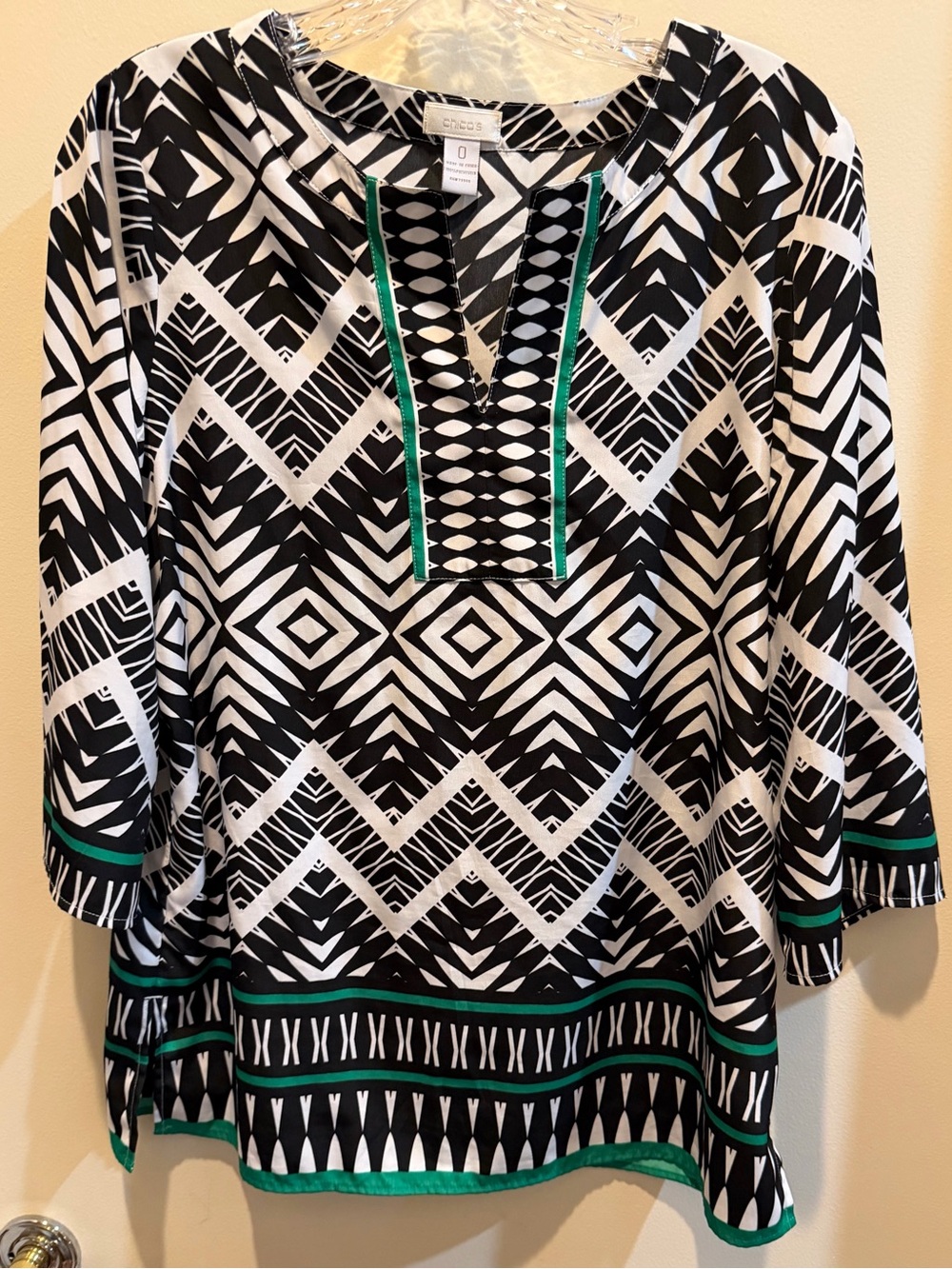 Chico's Black & White Geometric Tunic with Green Trim-0